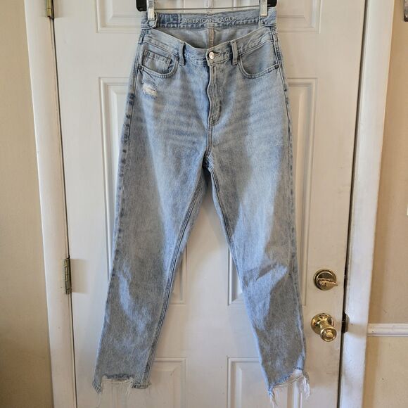 American Eagle Highest Rise Mom Jeans Size 4 Distressed Hi-Low Waist Y2K Denim - Picture 1 of 7